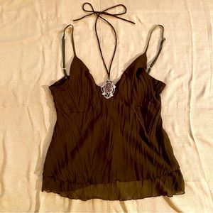 Y2K vintage chocolate brown layered strappy tank with beaded medallion. Size 12.